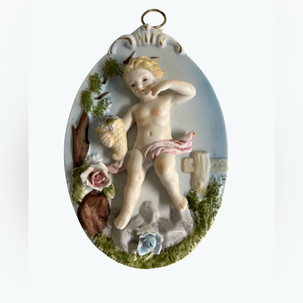 Vintage Lipper & Mann Bisque Cherub Plaque Baby with Cornucopia
